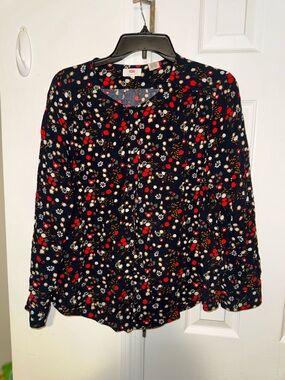 Levi's Navy Button-Front Floral Blouse with Red & Cream Accents